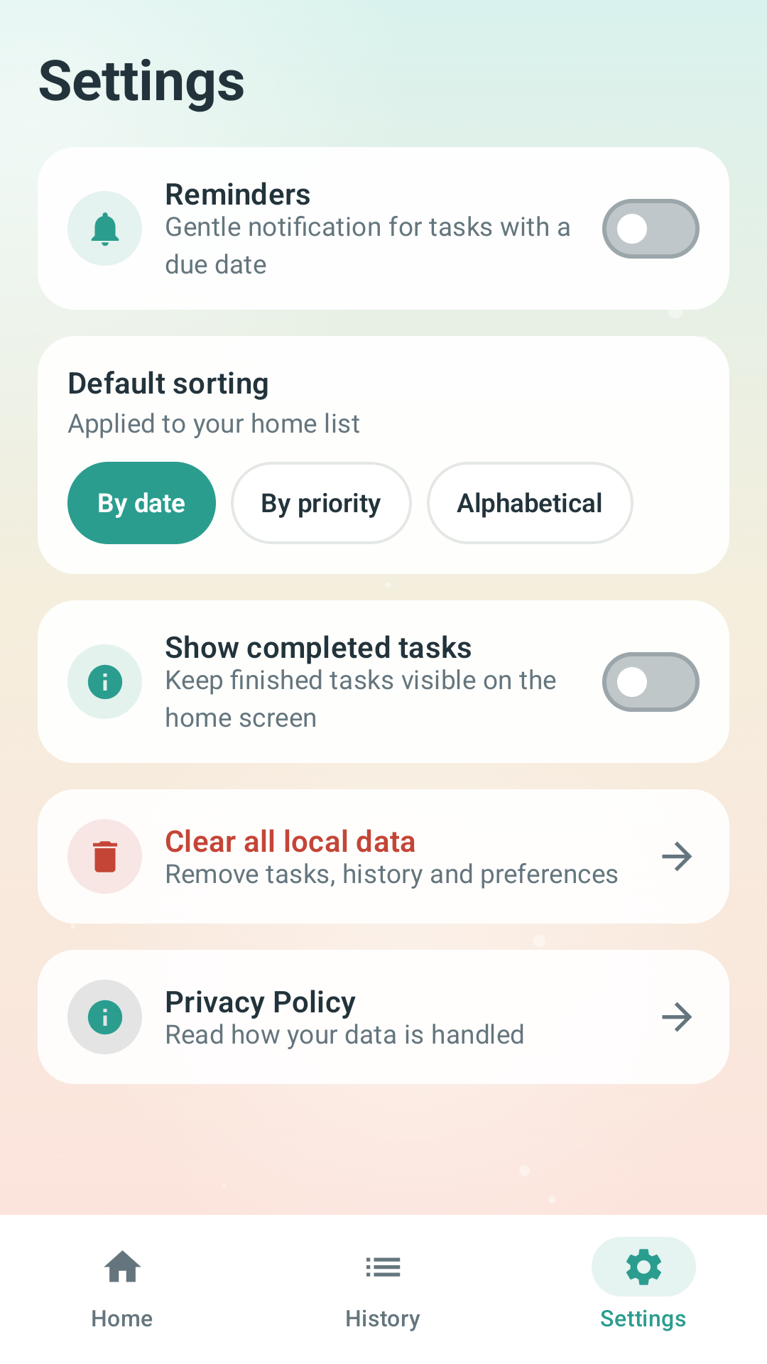 Settings screen